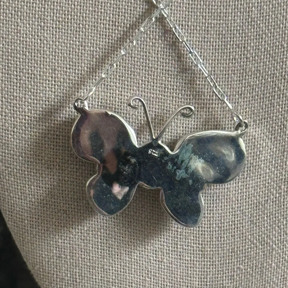 Turquoise & Sea Sediment Jasper Butterfly Southwestern Sterling Silver Necklace - Picture 6 of 9